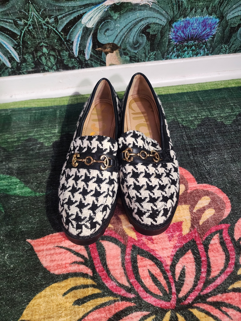 Black & White Houndstooth Loafers with Gold Bit Accent